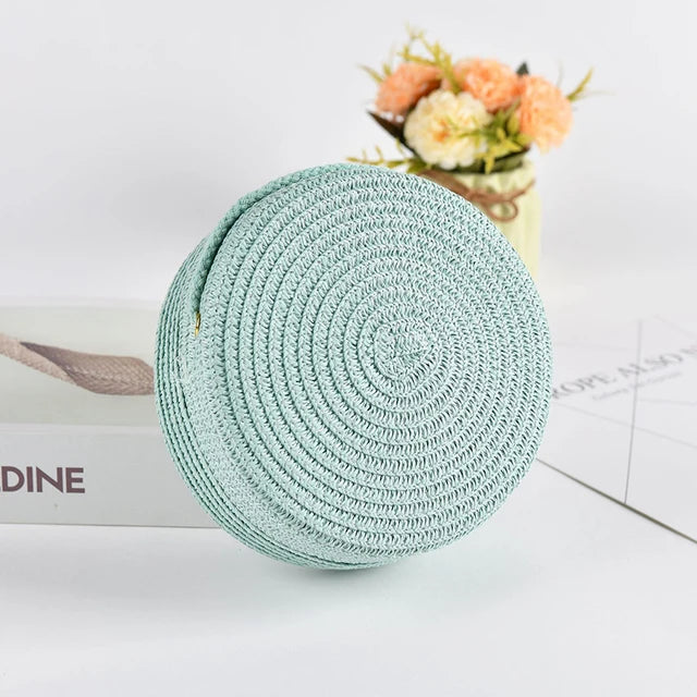 bags : Ronde Stro Schoudertas Dames Wit - Handgeweven met Ritssluiting - Stro in Munt 16x 6.5x16cm van Pantino