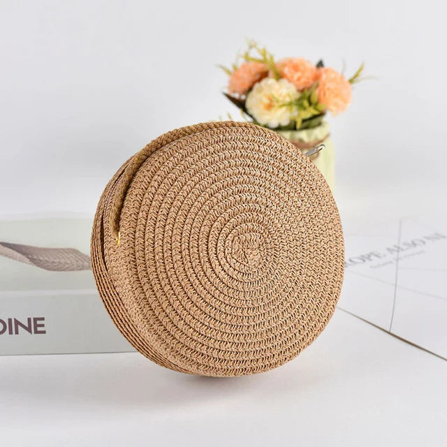 bags : Ronde Stro Schoudertas Dames Wit - Handgeweven met Ritssluiting - Stro in Khaki 16x 6.5x16cm van Pantino