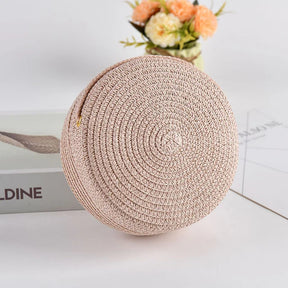 bags : Ronde Stro Schoudertas Dames Wit - Handgeweven met Ritssluiting - Stro in Roze 16x 6.5x16cm van Pantino