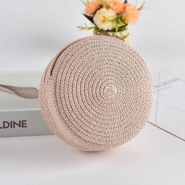bags : Ronde Stro Schoudertas Dames Wit - Handgeweven met Ritssluiting - Stro in Roze 16x 6.5x16cm van Pantino