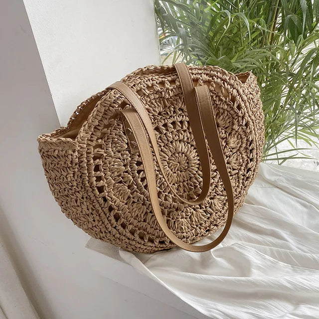 bags : Ronde Schoudertas van Stro voor Dames - Beige in Khaki patroon 43x2x38cm van Pantino
