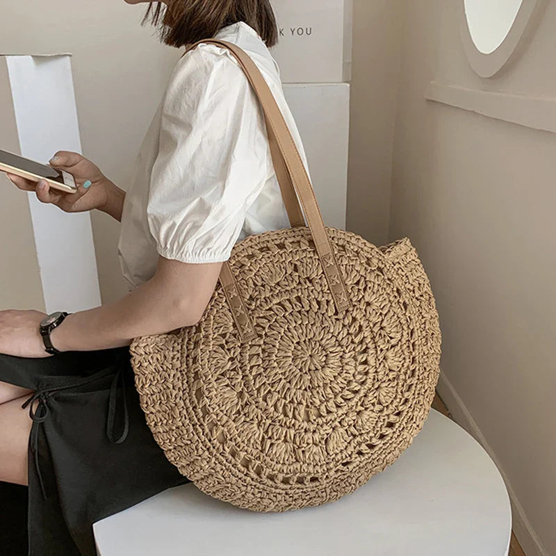 bags : Ronde Schoudertas van Stro voor Dames - Beige in van Pantino