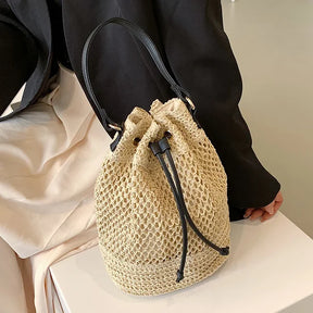 bags : Stro Emmer Schoudertas Dames Beige - Handgeweven Trekkoord Zomer - Stro in Beige van Pantino