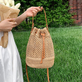 bags : Stro Emmer Schoudertas Dames Beige - Handgeweven Trekkoord Zomer - Stro in van Pantino