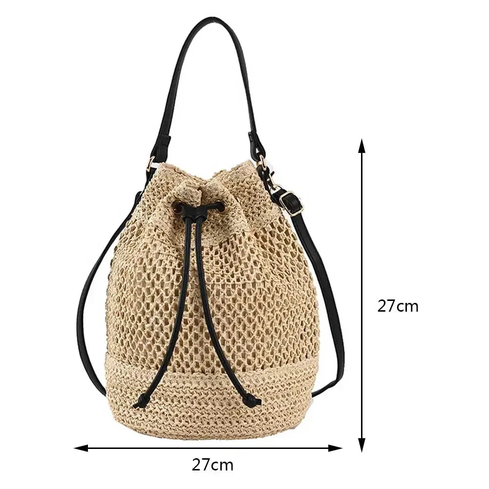 bags : Stro Emmer Schoudertas Dames Beige - Handgeweven Trekkoord Zomer - Stro in van Pantino