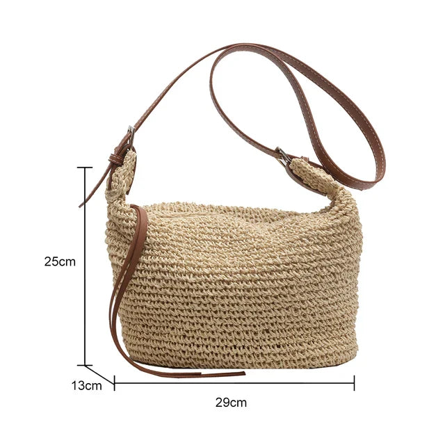 bags : Schoudertas Dames Beige - Bohemian Handgeweven Stro Ritssluiting - Stro in Beige van Pantino
