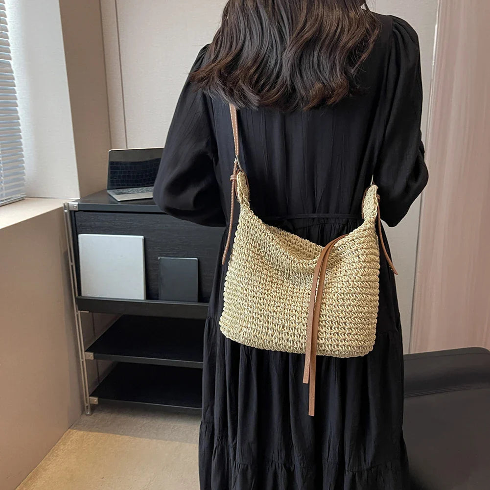 bags : Schoudertas Dames Beige - Bohemian Handgeweven Stro Ritssluiting - Stro in van Pantino
