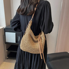 bags : Schoudertas Dames Beige - Bohemian Handgeweven Stro Ritssluiting - Stro in van Pantino