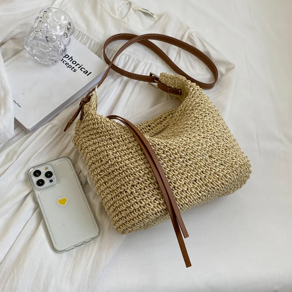 bags : Schoudertas Dames Beige - Bohemian Handgeweven Stro Ritssluiting - Stro in van Pantino