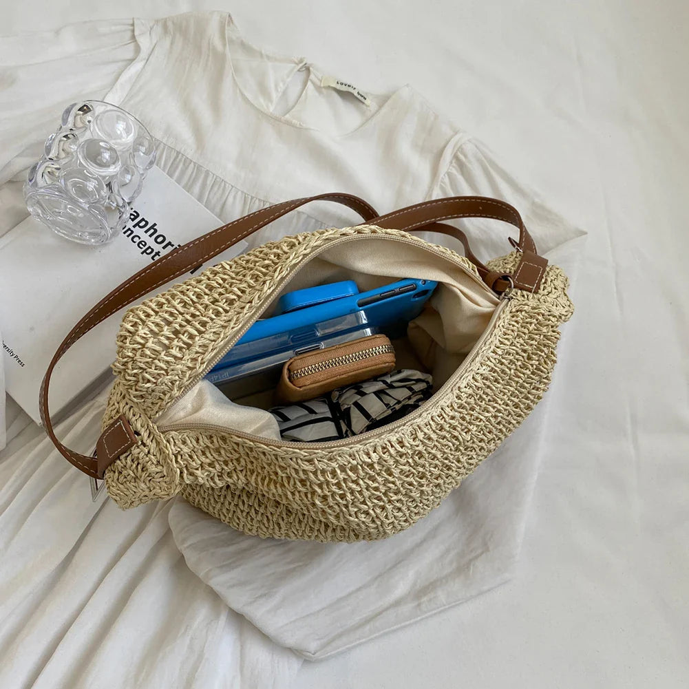 bags : Schoudertas Dames Beige - Bohemian Handgeweven Stro Ritssluiting - Stro in van Pantino