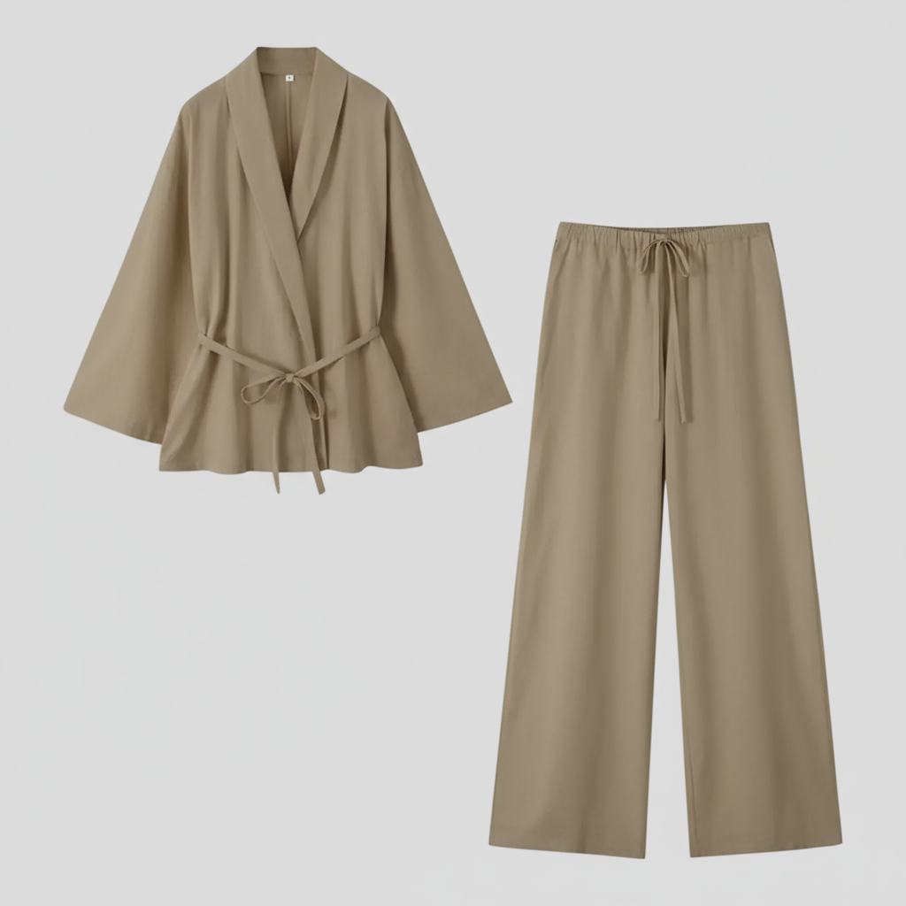 Outfit Sets : Kimono Elegante in Lino da Donna con Cintura - Perfetto per Estate e Primavera in Grigio talpa van Pantino