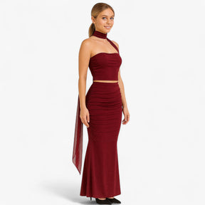 Dress : Rok Dames Bordeaux - Tweedelige Set met Elegante Top in van Pantino