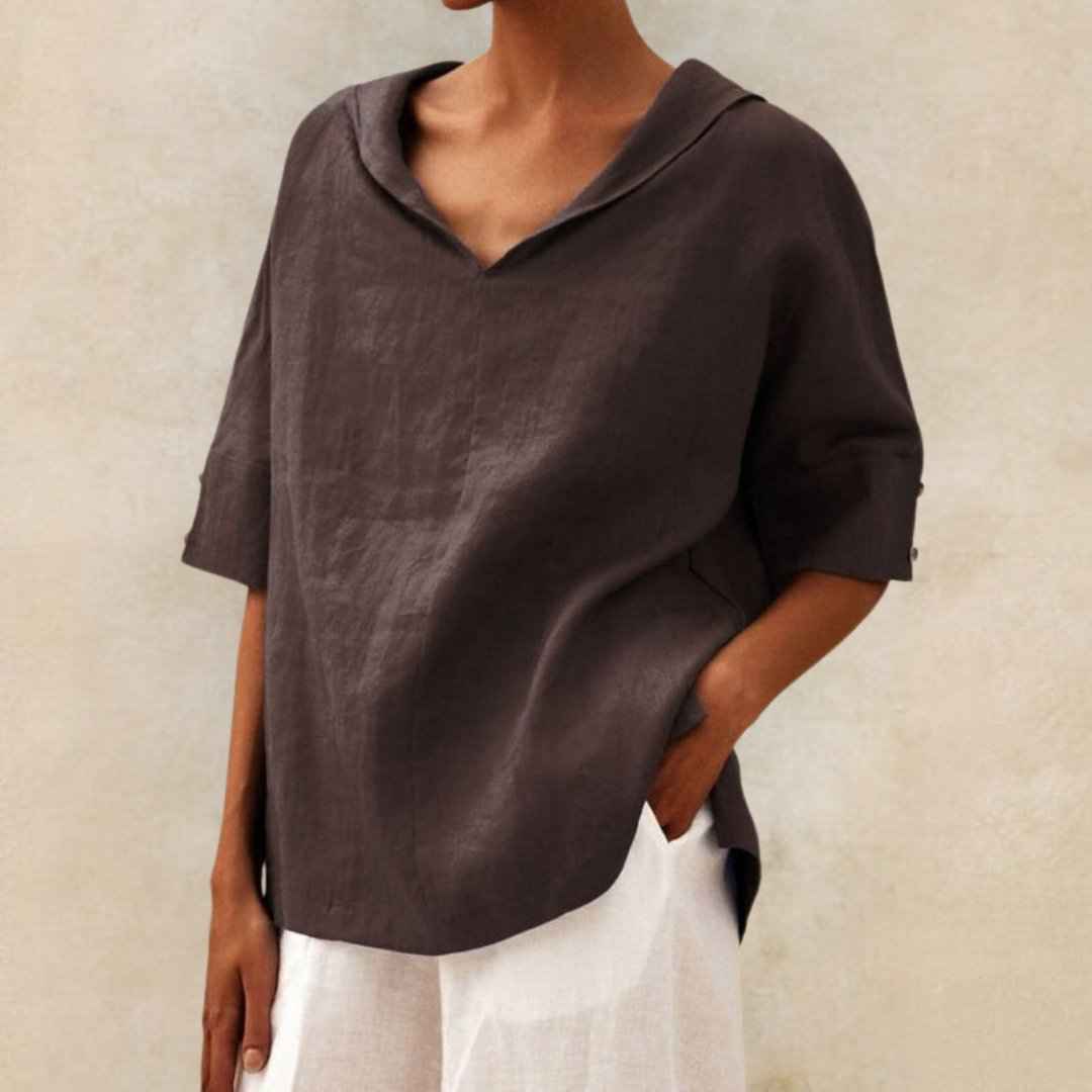 Dames shirt : V-hals casual overhemd | Pearl in Bruin van Pantinoshop