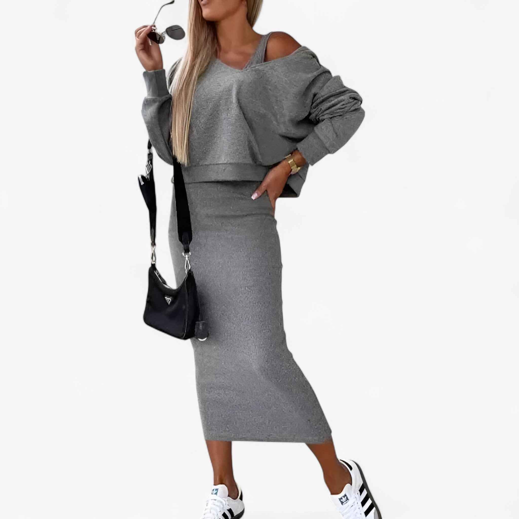 Jurken : Jurk Dames Blauw - Comfortabele en Trui Set in Donkergrijs van Pantino