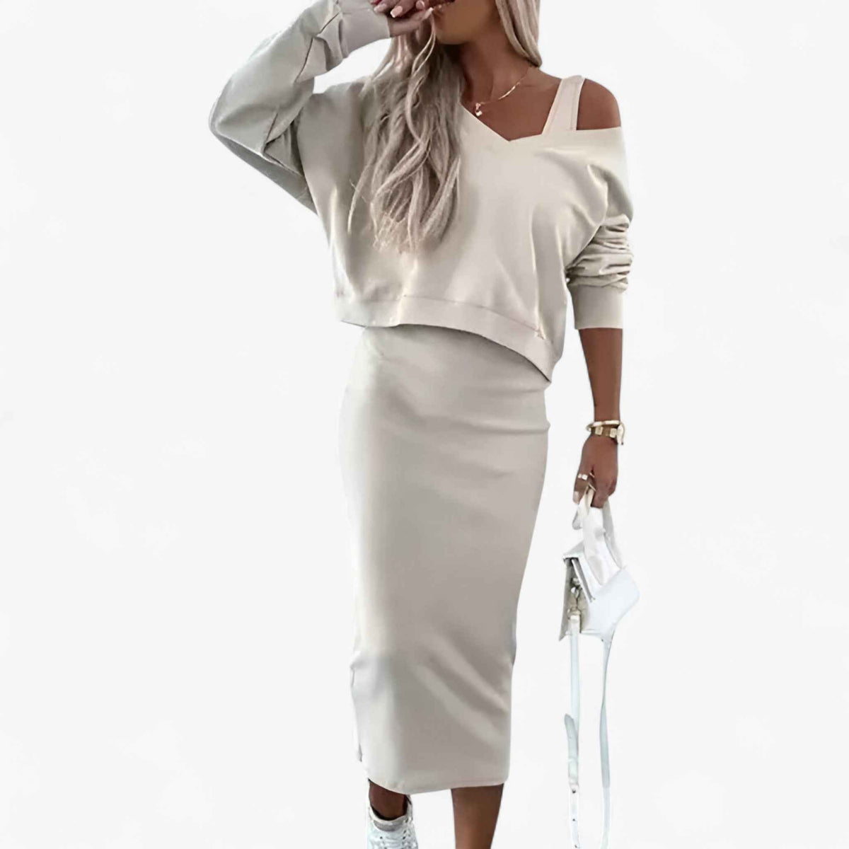 Jurken : Jurk Dames Blauw - Comfortabele en Trui Set in Beige van Pantino