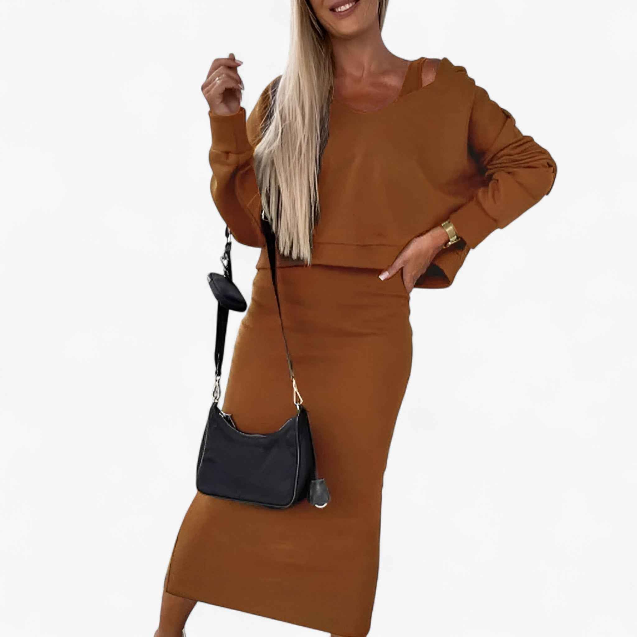 Jurken : Jurk Dames Blauw - Comfortabele en Trui Set in Chocolade van Pantino