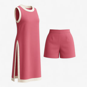 Women Set : Vrouwen Zomer Set met Boho Kleurblok - Zwart in Rood Roze van Pantino