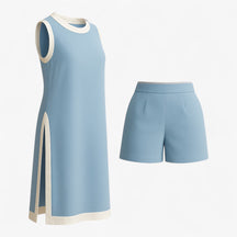 Women Set : Vrouwen Zomer Set met Boho Kleurblok - Zwart in Luchtblauw van Pantino