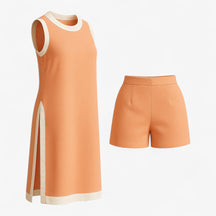 Women Set : Vrouwen Zomer Set met Boho Kleurblok - Zwart in Oranje van Pantino