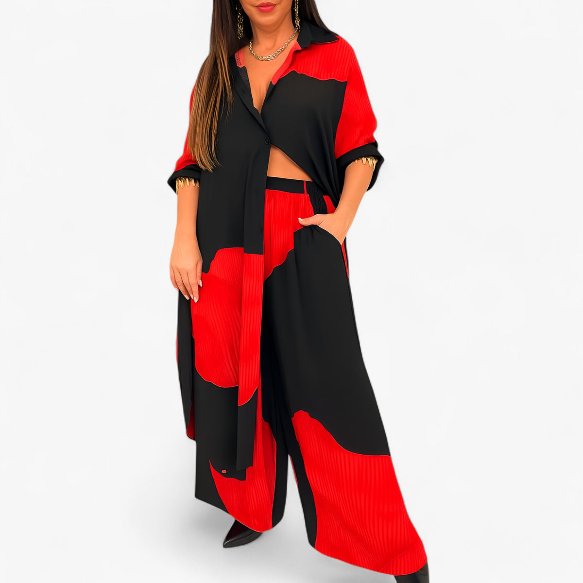 Women Dress : Dames Zomer Set: Elegante Blouse & Broek - 2-Delig Pak voor Vrouwen in Rood-Zwart van Pantino
