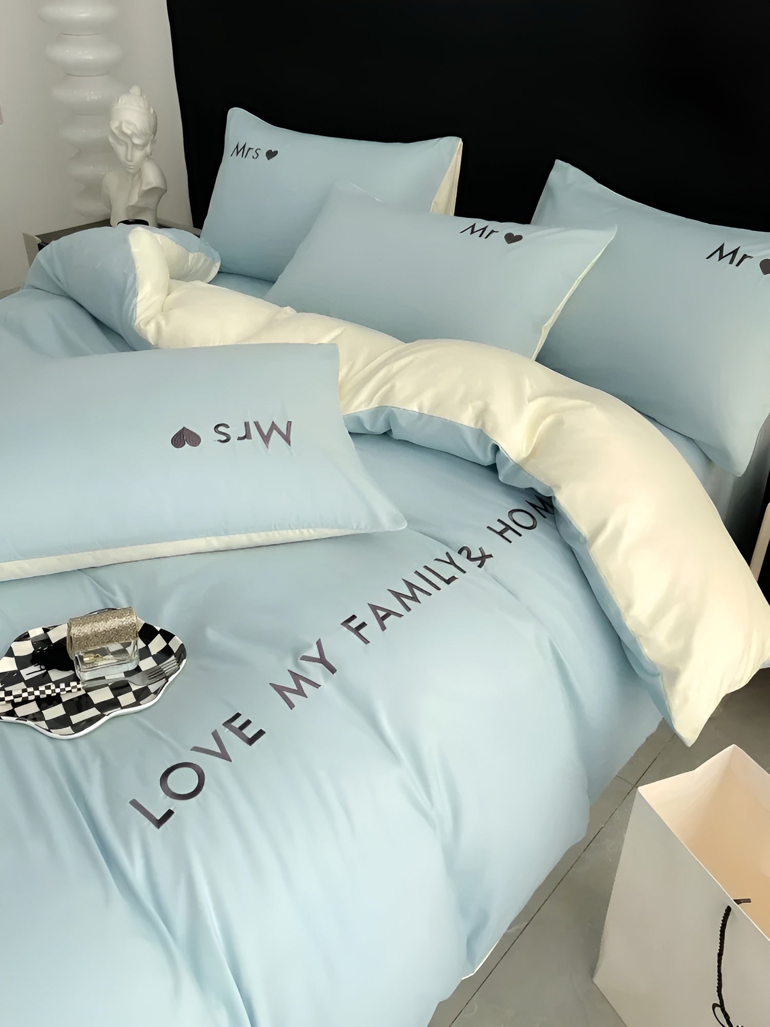 home & garden : Beddengoed Set Roze-Grijs - Ultrazacht Comfortabel Slaap - Microvezel in Hemelsblauw-Crème Wit van Pantino