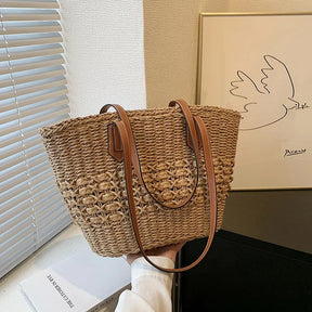 bags : Strandtas Dames Beige - Boho Stro Schoudermodel Uitsparingen - Stro in Khaki van Pantino