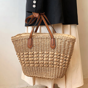 bags : Strandtas Dames Beige - Boho Stro Schoudermodel Uitsparingen - Stro in van Pantino