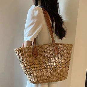 bags : Strandtas Dames Beige - Boho Stro Schoudermodel Uitsparingen - Stro in van Pantino