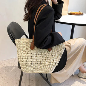 bags : Strandtas Dames Beige - Boho Stro Schoudermodel Uitsparingen - Stro in van Pantino