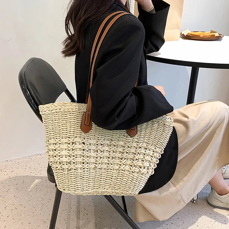 bags : Strandtas Dames Beige - Boho Stro Schoudermodel Uitsparingen - Stro in van Pantino