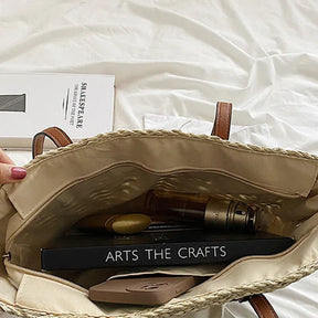 bags : Strandtas Dames Beige - Boho Stro Schoudermodel Uitsparingen - Stro in van Pantino