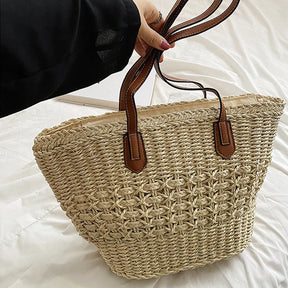 bags : Strandtas Dames Beige - Boho Stro Schoudermodel Uitsparingen - Stro in van Pantino