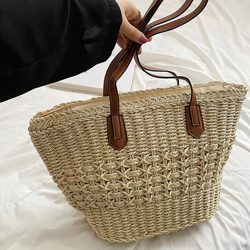 bags : Strandtas Dames Beige - Boho Stro Schoudermodel Uitsparingen - Stro in van Pantino