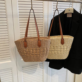 bags : Strandtas Dames Beige - Boho Stro Schoudermodel Uitsparingen - Stro in van Pantino