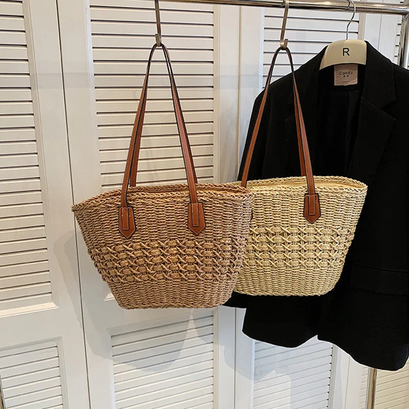 bags : Strandtas Dames Beige - Boho Stro Schoudermodel Uitsparingen - Stro in van Pantino