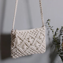 bags : Boho Schoudertas Dames - Katoenen Touw Gevlochten Eco - Katoen in Wit van Pantino