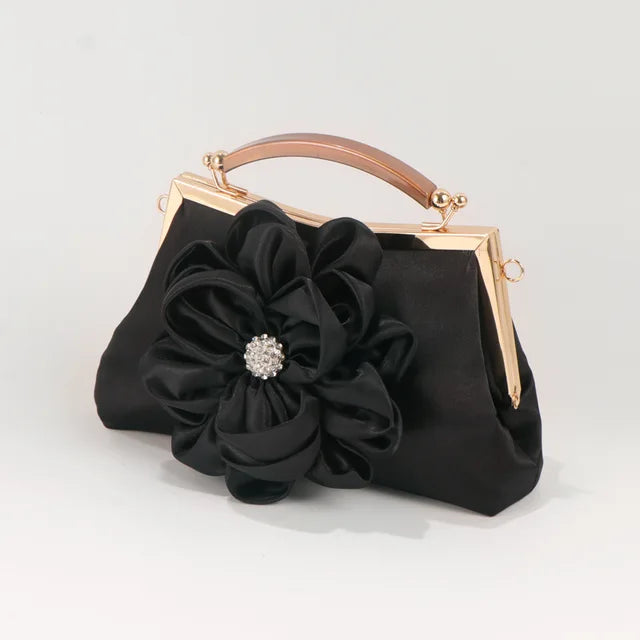 bags : Satijnen Tas Dames Zwart - Bloemenstrik Strassdetail Avond - Satijn in Zwart van Pantino
