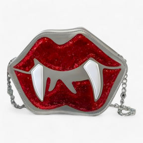 bags : Gothische Schoudertas Grappige Tand Lip - Glanzende PU Leren Tas voor Halloween - Zwart in Zilver van Pantino