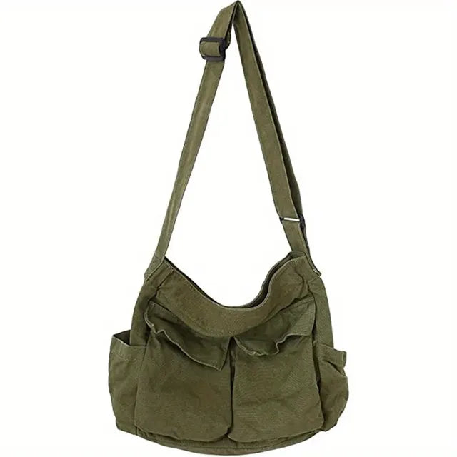 bags : Crossbody Tas Dames Zwart - Vintage Canvas Handtas voor dagelijks gebruik in leger groen van Pantino