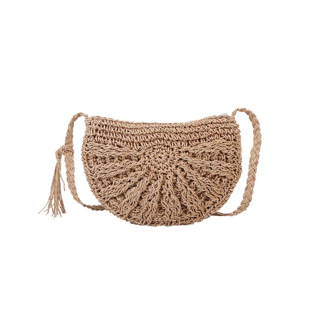 bags : Bohemian Crossbody Tas Dames Beige - Handgeweven Halfrond - Stro in Khaki van Pantino