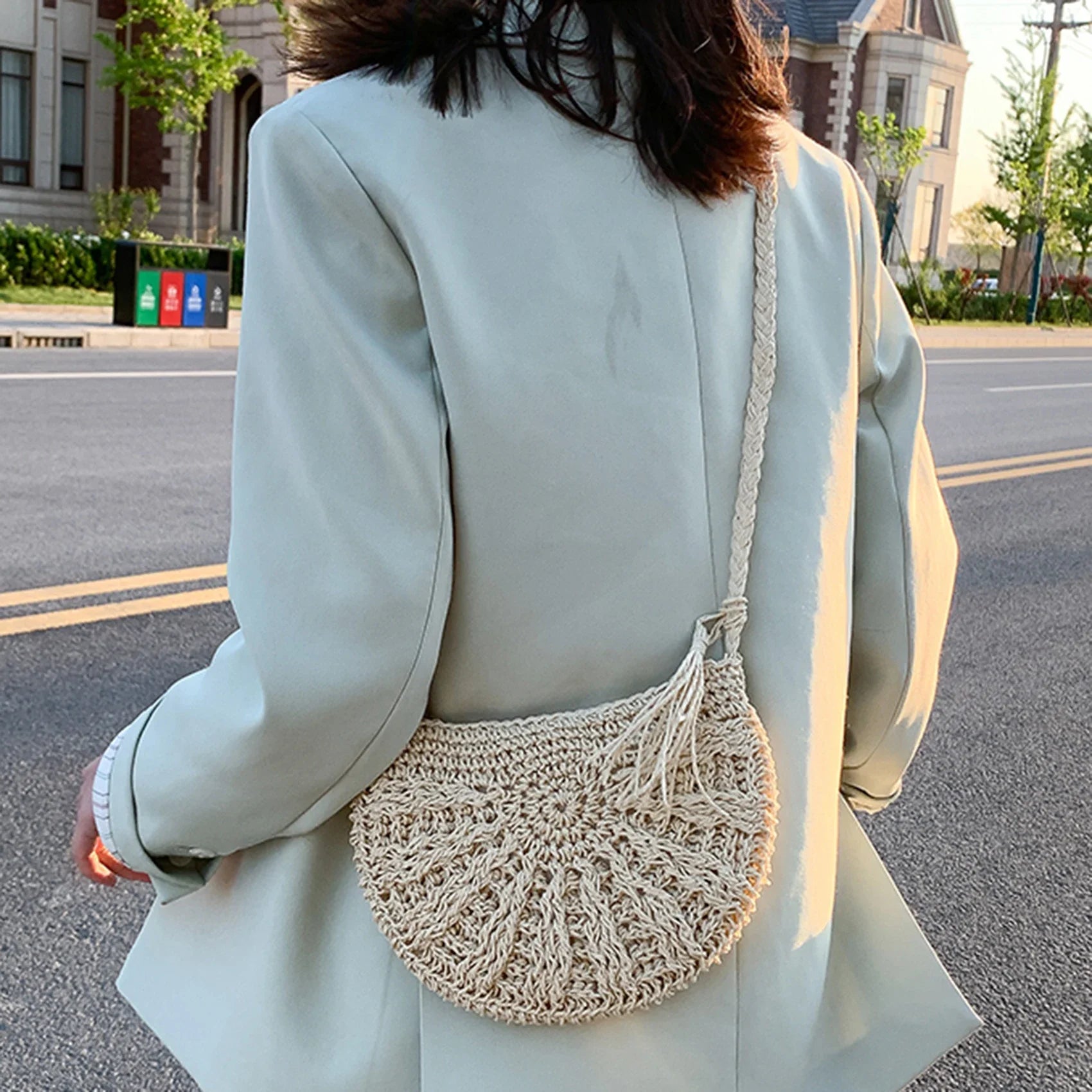 bags : Bohemian Crossbody Tas Dames Beige - Handgeweven Halfrond - Stro in van Pantino