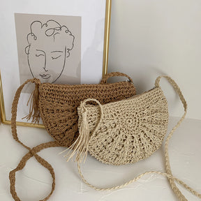 bags : Bohemian Crossbody Tas Dames Beige - Handgeweven Halfrond - Stro in van Pantino