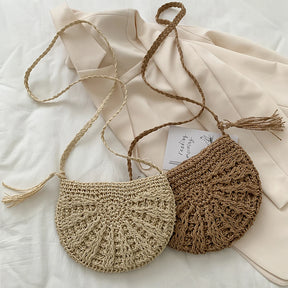 bags : Bohemian Crossbody Tas Dames Beige - Handgeweven Halfrond - Stro in van Pantino