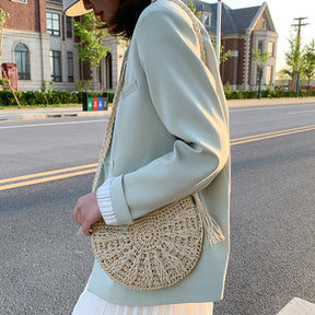 bags : Bohemian Crossbody Tas Dames Beige - Handgeweven Halfrond - Stro in van Pantino