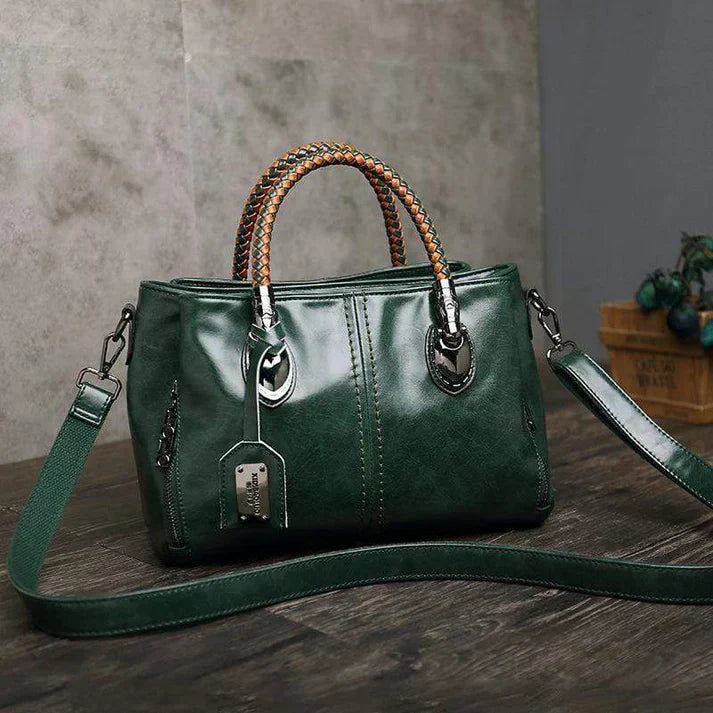 bags : Klassieke Leren Tas Dames Zwart - Gevlochten Handvatten - PU-Leer in Groente van Pantino