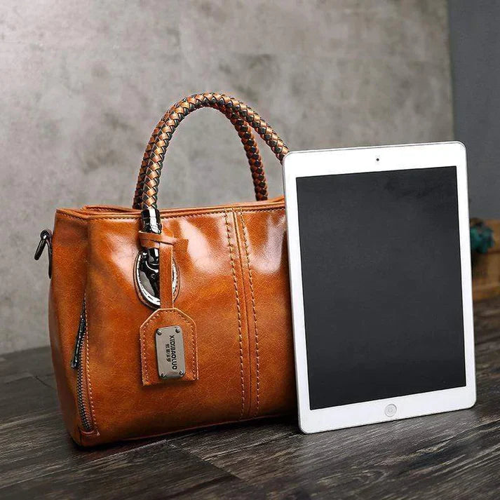 bags : Klassieke Leren Tas Dames Zwart - Gevlochten Handvatten - PU-Leer in van Pantino