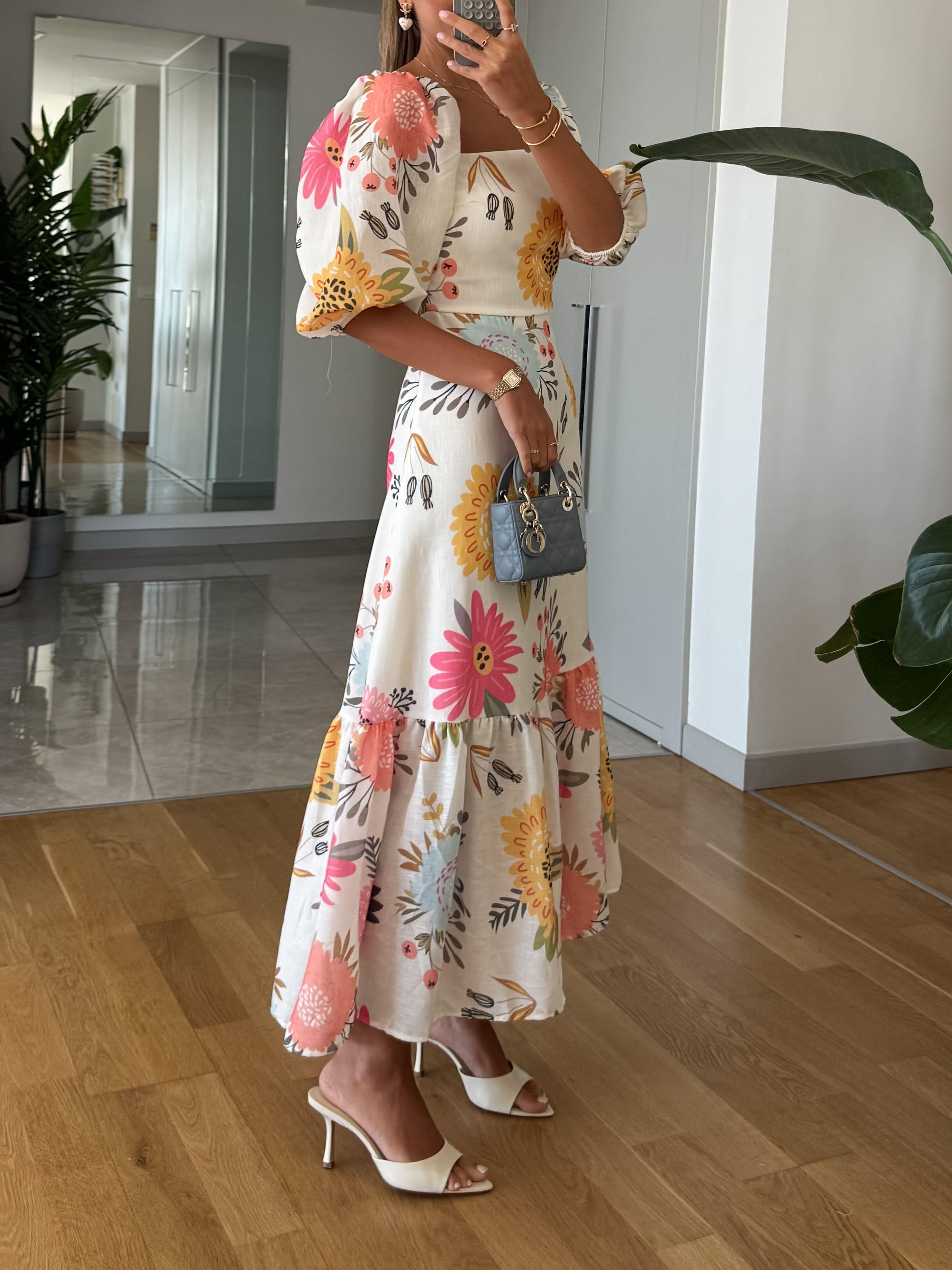 Midijurk : Midijurk met Pofmouwen, Elegante Bloemenprint voor Dames in van Pantinoshop