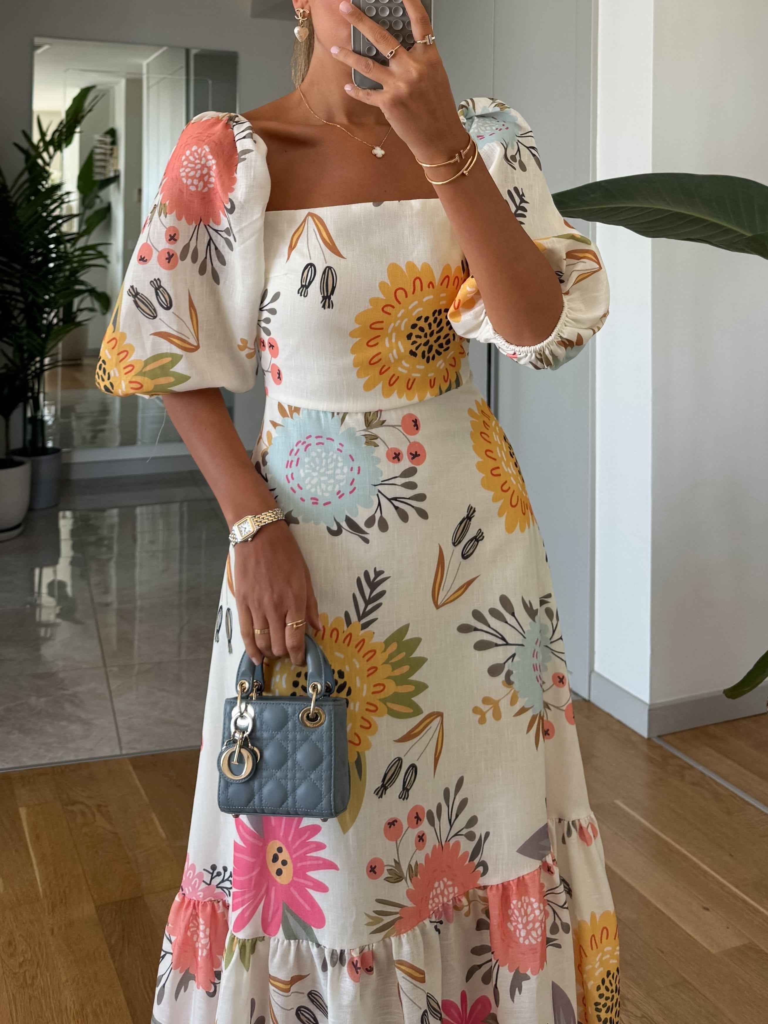 Midijurk : Midijurk met Pofmouwen, Elegante Bloemenprint voor Dames in van Pantinoshop