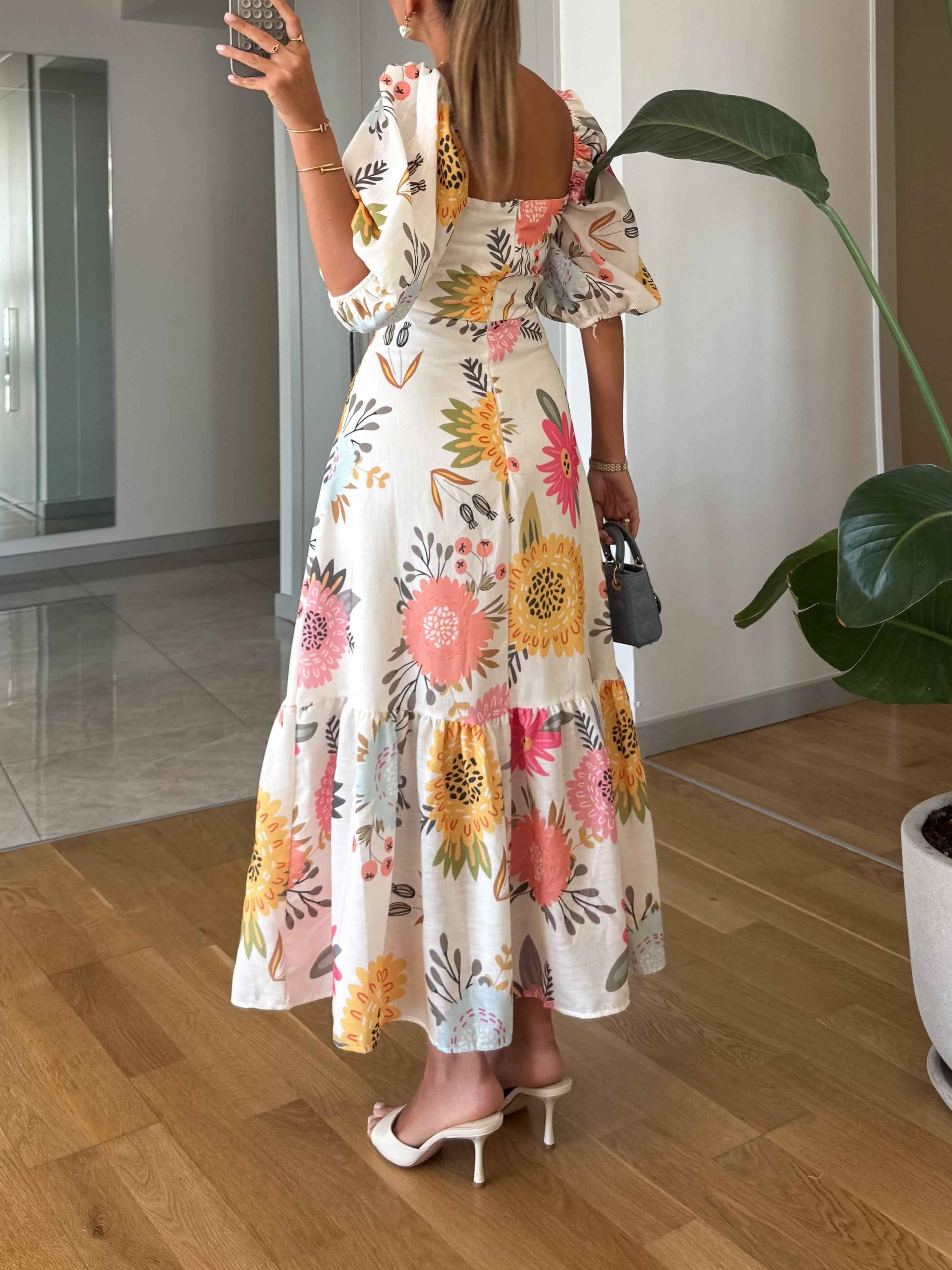 Midijurk : Midijurk met Pofmouwen, Elegante Bloemenprint voor Dames in van Pantinoshop