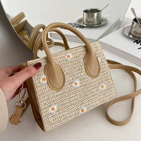 bags : Gevlochten Handtas Dames Beige - Bloem Accenten Bohemian - Stro in van Pantino